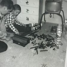 Vintage 1960 Black and White Photo Boys Playing With Building Logs Toy Floor picture
