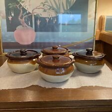 LOT OF 4 GLAZED CERAMIC BEAN/FRENCH ONION SOUP CROCKS WITH LIDS UNBRANDED picture