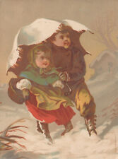Victorian Stock Trade Card Children Under Umbrella in Snow Storm - Bognard Paris picture