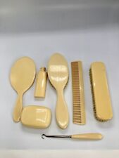 7PC VTG Ivory Celluloid Vanity Dresser Set. Mirror Brush Comb Soap Container picture