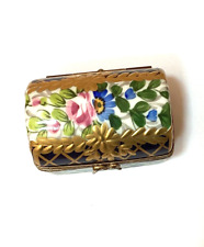 LIMOGES FRANCE Peint Main Flowers Blue Gold Hinged Trinket Box - FRANCE picture