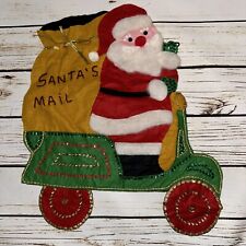 Vintage Handmade Santa On Yellow Sleigh Hanging Felt Sequin Bead Mail Holder picture