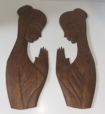 Vintage Woman Praying Silhouette MCM Hand Carved Wood Wall Art picture