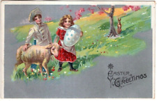 ANTIQUE EMBOSSED EASTER Postcard    CHILDREN WALKING WITH LAMB, BUNNY BY TREE picture