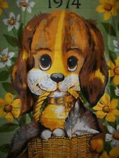 Vintage 1974 Lamont Irish Linen Floral Brown Puppy Dog Cat  Tea Towel Calendar picture