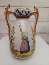 Antique French Quimper Faience Vase - Woman in the Garden + Floral, 8 ¾” t.  picture