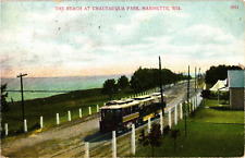 Beach and Trolley at Chautauqua Park Marinette WI Divided Postcard c1910 picture