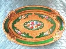 Hand Painted Rare Green Vintage Floral Italian Florentine Tole Wood Dresser Tray picture