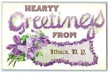 1911 Greetings From Ithaca New York NY Flowers Embossed Posted Antique Postcard picture