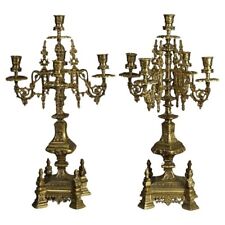 Antique Pair Gothic Revival Bronzed Five-Light & Footed Candelabra C1850 picture