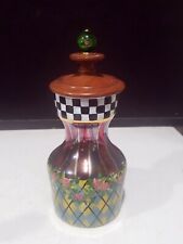 MACKENZIE CHILDS PAINTED GLASS CARAFE VASE DECANTER COURTLY CHECK ROSES WOOD LID picture