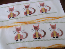 Cute Pair White Pillowcases Hand Embroidered Cats~Fall Halloween Orange Black picture