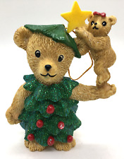 VTG Large Bear in Sparkle Green Tree Dress Christmas Ornament Baby Bear Star 90s picture