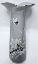 Vtg Japanese Fluted Gray Porcelain Vase with Gold Trim, Lillies and a Butterfly  picture