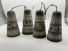 Set Of 4 VINTAGE BELL NATIVE AMERICAN POTTERY BELL ENGRAVED & PAINTED picture