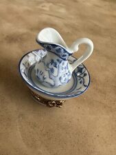Limoges Trinket Box Peint Main France  Blue & White Wash Bowl and Pitcher 36/500 picture