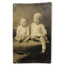 Vtg 1920s 1930s Happy Joyful Baby Toddler Sitting On Bench Sepia Photo picture