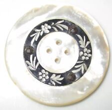LG ANTIQUE MOP MOTHER OF PEARL BUTTON w RING OF BRIGHT CUT METAL  FLOWERS 1 5/8