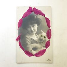 Antique RPPC Woman and Goggly Eyes Cat Real Photo Postcard Ribbon Border picture