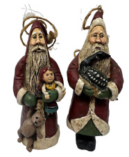 KW Primitive Christmas Carved Santa Claus Set Of 2 Ornaments Folk Art picture