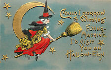 Halloween Postcard S/A HBG Pretty Witch On Broomstick Fly By Moon 2262 L & E picture