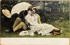 Romantic Picnic Couple Kissing under Umbrella Vintage Photo Postcard 1908 picture