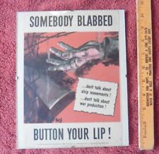 1942 WWII Somebody Blabbed Button Up Your Lip Mini Poster Propaganda Antique  picture