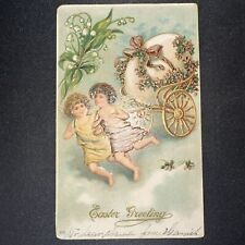 Easter Greeting Postcard Cherubs Pulling an Egg in a Cart Embossed Vintage picture