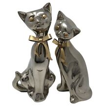 Pair Of Sleek Pewter Siamese Cats Brass Bows Eyes 8