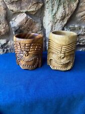 Lot of 2 Vintage Hand Carved Wooden Ku Warrior God Tiki Mugs picture