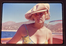 1970 pretty girl Blonde Model Woman bikini Top Boat Big Hat Slide Photo picture