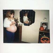 Bare Belly Pregnant Woman Photo 1990s Halloween Mirror Reflection Snapshot A3917 picture