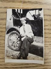 Antique  Photograph Man sitting on 1920s Car.    2 1/8” X  3 1/8” picture
