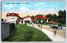 Postcard Entrance Wyuka Cemetery Lincoln Nebraska Man Walking A Dog Old Cars picture