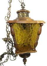 Vintage Hanging Swag Lamp Wood Amber Glass Globe Light Fixture Long Chain WORKS picture