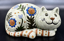 Boho Art Pottery Hand Painted Signed Smiling Cat Figurine Orange Flowers EUC picture