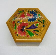 Vintage 1970s Polygon Shaped Wooden Trinket Box Painted Lacquer Floral Art 6” 20 picture