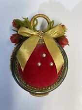 Vintage Handmade Velvet Christmas Tree Ornament Gold Canning Jar Lid Roses picture