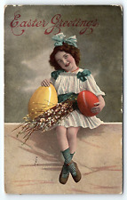 1913 EASTER GREETINGS YOUNG GIRL HAIR BOW HUGE EGGS WATERTOWN SD POSTCARD P2507 picture