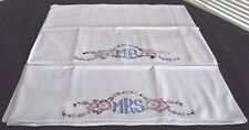 PR VTG HAND EMBROIDERED TUBULAR PILLOWCASES MR/MRS with FLOWERS picture