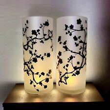 HURRICANE PILLAR CANDLE HOLDERS / VASES- PAIR 13.5”H Glass White Black Flowers picture
