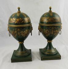 Pair of Early 20th C Hand Painted Toleware Covered Urns Candle Sticks 12