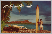 Postcard Aloha From Waikiki Hawaii Outrigger Canoe Diamond Head Surfer picture