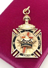 VTG 14k Yellow Gold In Hoc Signo Vinces Masonic Knights Templar Enamel Pendant picture