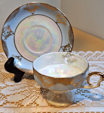 Vintage Shefford Iridescent Footed Teal and Gold Pedestal Cup and Saucer, Japan picture