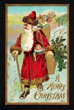 5002 Antique Vintage Christmas Postcard Santa Gold Trim Cane Basket Toy Bag Doll picture