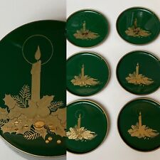 Vintage Otagiri Christmas Candle Coasters Green Gold Round Box Set of 6 picture