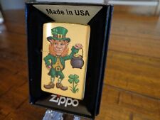LEPRECHAUN HOLDING POT OF GOLD FOUR LEAF CLOVER BRASS ZIPPO LIGHTER MINT IN BOX picture