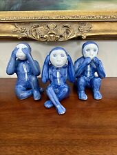 Vintage Grand millennial, Chinoiserie Blue & White Three Wise Monkey Figurines picture