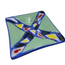 Fused Art Glass Trinket Dish Multicolor Dichroic Blue Teal Cross 6
